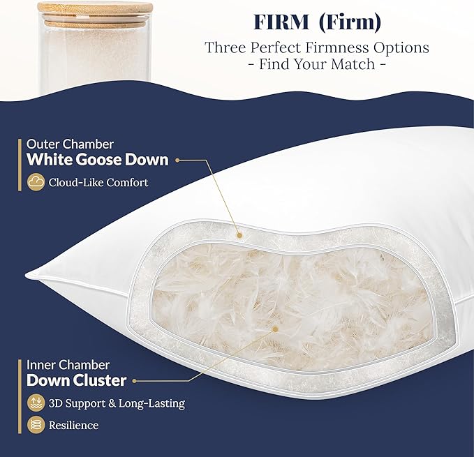 White Goose Down Pillow - Luxury Hotel Bed Pillow with 100% Natural Goose Down Fiber Fill, Feather Pillow for Sleeping, 700TC Cotton Shell, Standard Size - Firm/More Support, 1 Pack