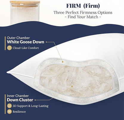 White Goose Down Pillow - Luxury Hotel Bed Pillow with 100% Natural Goose Down Fiber Fill, Feather Pillow for Sleeping, 700TC Cotton Shell, Standard Size - Firm/More Support, 1 Pack