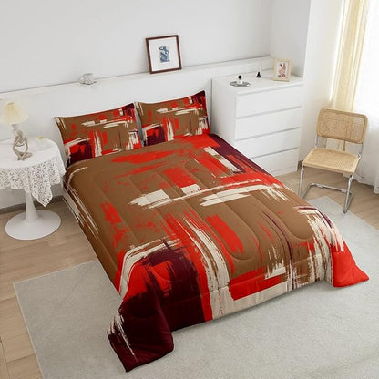 Feelyou Abstract Bedding Set Kids Modern Abstract Art Comforter Set Brown Orange Comforter for Boys Room Decor Lightweight Retro Duvet Set Toddler Size with 1 Pillow Case