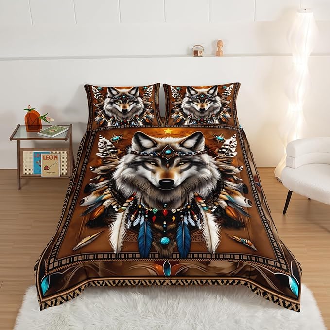 HOSIMA Wolf Twin Bedding Sets for Kids,Tribe Decoration Print Animal Bedding,Lightweight Fluffy Dreamcatcher Feather Pattern Wolf Comforter for Teens Boys Room Decor with 2 Pillowcases.