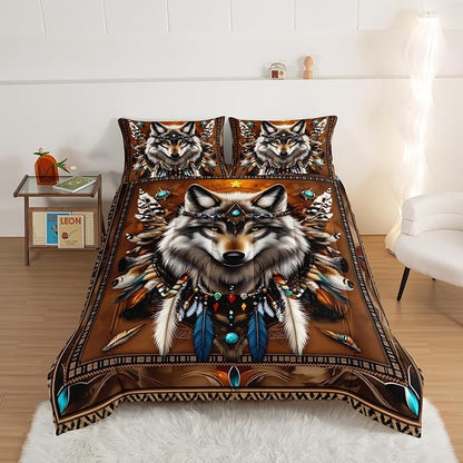 HOSIMA Wolf King Size Comforter Set for Kids,Tribe Decoration Print Animal Bedding,Lightweight Fluffy Dreamcatcher Feather Pattern Wolf Comforter for Teens Boys Room Decor with 2 Pillowcases.