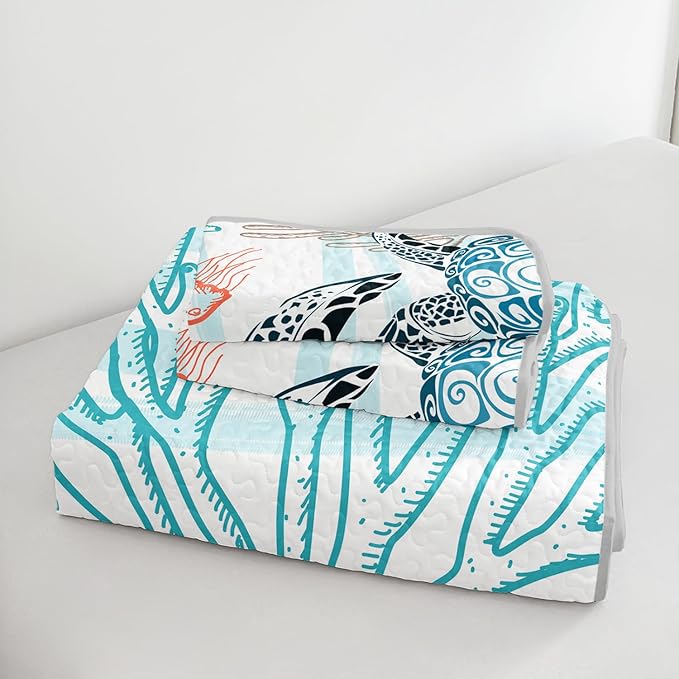 HOSIMA Sea Turtle Bedding Sets Full,Corals Jellyfish Starfish Pattern Lightweight Quilt,Ocean Themed Bedding for Beachy Room Decor Aesthetic with 2 Pillowcases.