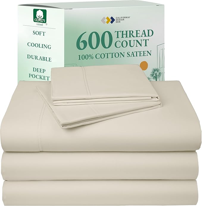 California Design Den Split King Sheet Set - 100% Cotton, 600 Thread Count Sateen, Breathable Luxury King Size Sheets for Adjustable Bed, Luxury Soft Hotel Quality Sheets - Ivory (Warm Cream)