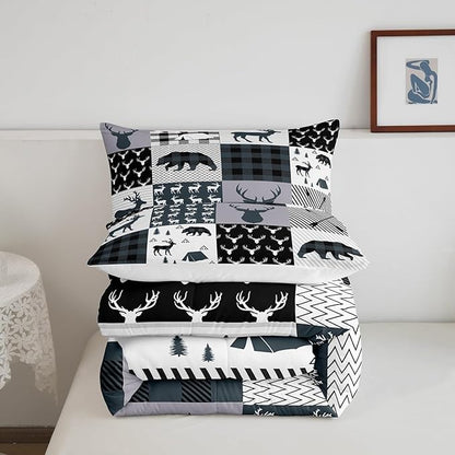 Feelyou Rustic Deer Bear Comforter Set Twin, Camping Hunting Comforter Set for Kids Western Farmhouse Comforter Bear Antler Silhouette Duvet Set Breathable Quilt Set 2Pcs