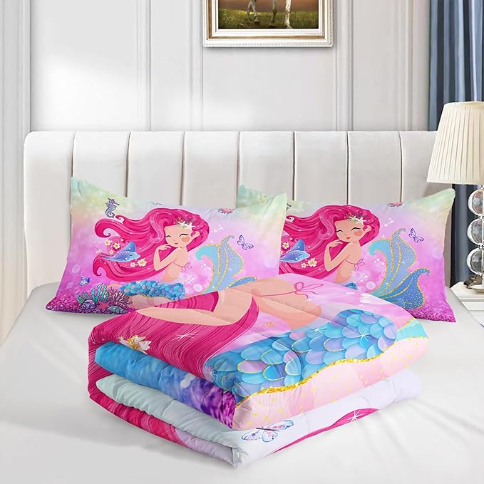 Mermaid Butterfly Comforter Set Twin Size Fairy Tale Sea Shell Grass Bedding Set Colorful Rainbow Quilt Bed Set for Kid Girls with 1 Comforter and 2 Pillowcases