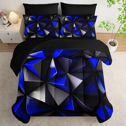 Geometric Queen Comforter Set,Blue Black Honeycomb Bedding Set 7 Piece with Comforter Fitted Sheet Flat Sheet Pillowcases,Bed Sets Geometry Decor,Microfiber Lightweight All Season.