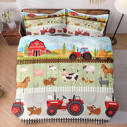 Queen Size Comforter Set with 2 Pillowcase, Farm Animal Birds Soft 3 Pcs Bedding for Kids and Adults, Barn House Cute Comforter Set for Room Bedroom Bed Decor
