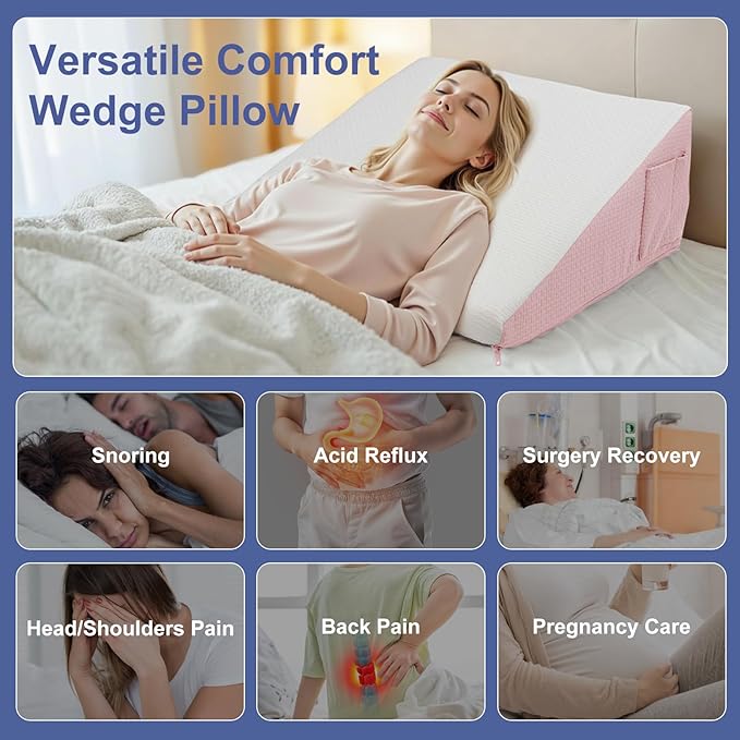Wedge Pillow for Headboard, 10’’ Triangle Elevated Bed Wedge Pillow for Acid Reflux Relief, Sleeping, Post Surgery, Back Pain Relief, Snoring, Soft Memory Foam Top & Washable Breathable Cover, Pink