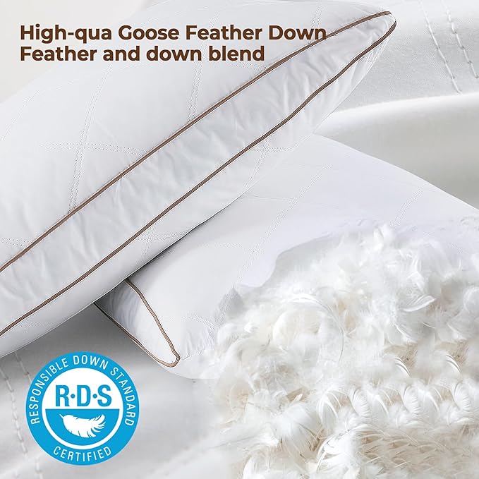 WOLKI Goose Down Feather Pillows, Pillows King Size Set of 2, 100% Soft Cotton Cover Bed Pillows, Hotel Pillow for Back, Stomach or Side Sleepers
