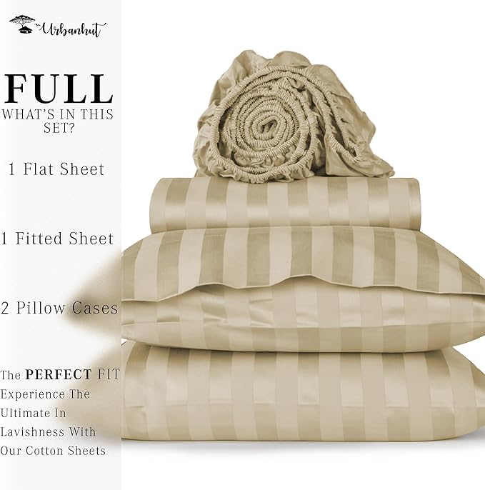 URBANHUT 1000 Thread Count Damask Striped Full Size Egyptian Cotton Sheets, Long Staple Soft & Breathable, 4 Pc Bed Sheet Sets, Luxury Hotel Sateen Sheets Fits 16" Deep Pocket - Sand