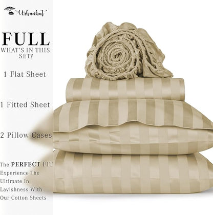 URBANHUT 1000 Thread Count Damask Striped Full Size Egyptian Cotton Sheets, Long Staple Soft & Breathable, 4 Pc Bed Sheet Sets, Luxury Hotel Sateen Sheets Fits 16" Deep Pocket - Sand