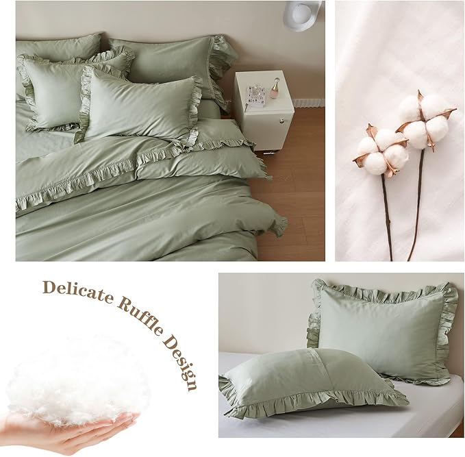 Simple&Opulence Kids 100% Organic Cotton Twin Duvet Cover Ruffle 2Pcs(1 Comforter Cover 1 Pillowcase) Cute Lace Vintage Boho Shabby Chic Farmhouse Bedding Set Teen Girls(Sage Green, Twin)