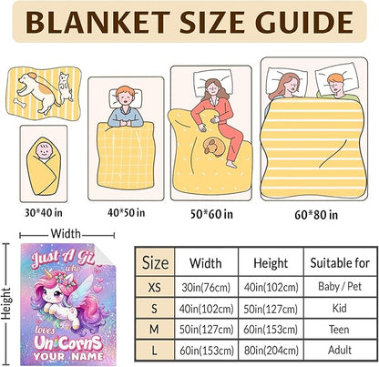 Custom Kids Blanket for Girls with Name, Unicorn Blanket, Knee Blanket, 40 x 30 Inches Unicorn Blanket for Kids, Lightweight Flannel Throw Blanket, Cute Soft Throws for Chair Couch Sofa Office