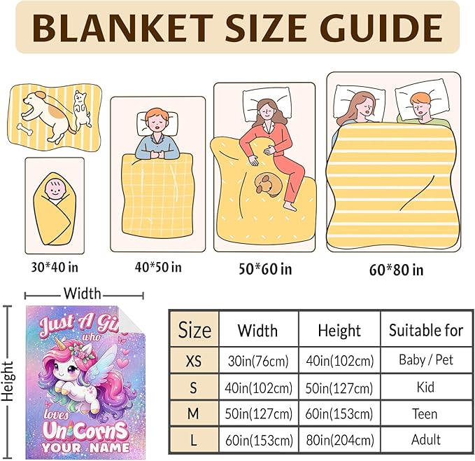 Personalized Kids Blanket with Name, Unicorn Gift, 80 x 60 Inches Soft Cozy Blanket, Gift for Girls Women, Unicorn Lovers, Cute Warm Throw Blanket for Bed, Living Room, Home Decor