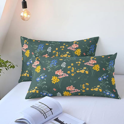 Floral Duvet Cover Queen Size Vintage Floral On Green Bedding Set 3 Pieces Women Men Romantic Pink Blue Flower Ultra Soft Reversible Fall Duver Cover with 2 Pillowcases