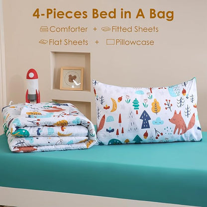 Toddler Comforter Set for Kids, Boys, Girls, 4 Pieces Bed-in-a-Bag Bedding Set, All Season Ultra Soft Sheets Set with Comforter, Forest Fox