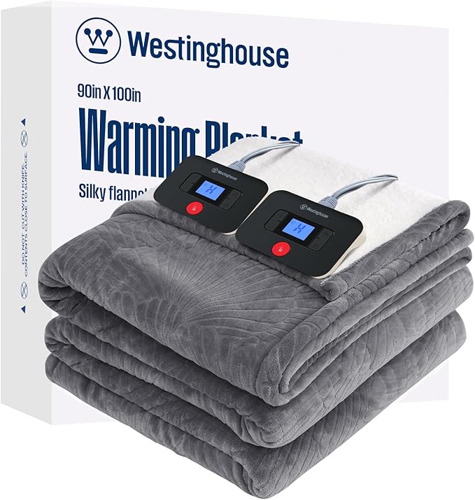 Westinghouse Electric Blanket King, Flower Jacquard Heated Blanket King Size with 10 Heating Levels and 1-12 Hours Auto-Off, Flannel to Sherpa Reversible, Machine Washable, 90" x 100" Inch, Grey