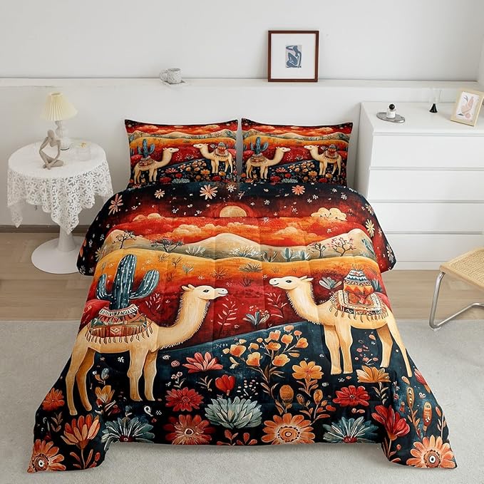 Castle Fairy Desert Alpaca Bedding Set Toddler Size Bohemia Rustic Exotic Comforter Set for Kids Teens Room Decor Western Tribal Style Floral Duvet Insert Galaxy Sky Down Comforter Set,2Pcs