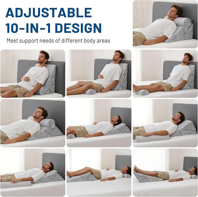 Lewondr Wedge Pillow for After Surgery, Adjustable Bed Wedge Pillow for Headboard Set with Side Pockets Fastener for Sleeping, Snoring, Back Pain & Acid Reflux Relief