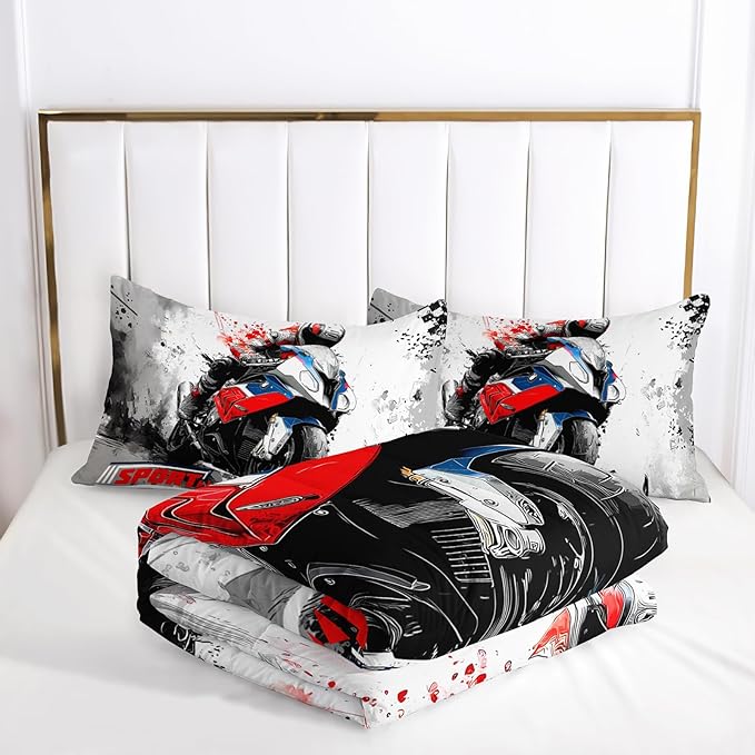 Motorcycle Race Comforter Set Queen Size for Boys，Kids Sports Themed Queen Size Bedding Set，Sport Quilt for Boys，with 1 Comforter with 2 Pillow Case