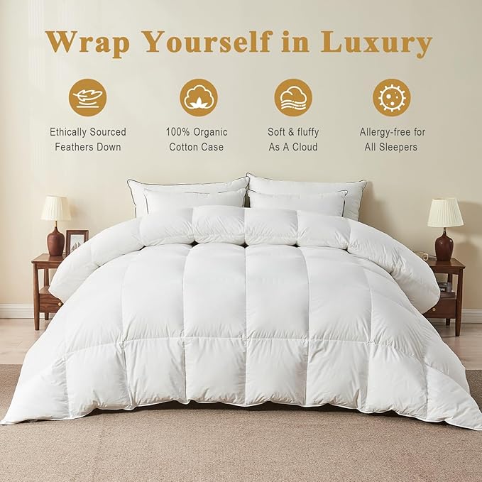 100% Organic Feather Down Comforter Oversized King, Luxury Extra-Fluffy Duvet Insert, All Season Bed Comforter with Ultra-Soft Organic Cotton Case (120x98 Inch, Ivory White)