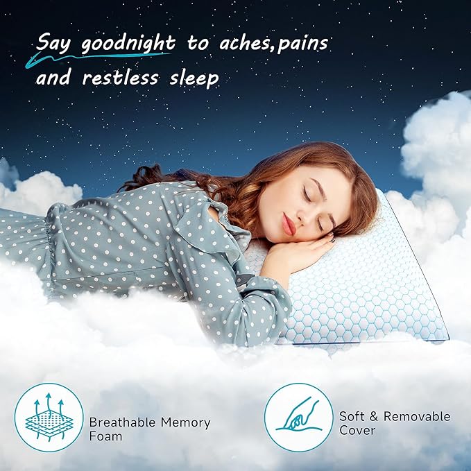 Memory Foam Pillows for Side, Back and Stomach Sleepers, Set of 2, Bed Pillow with Washable Cover and Breathable Mesh, Bed Pillow for Sleeping (Blue，Queen Size)