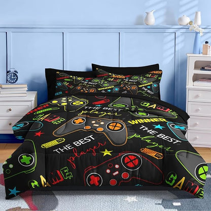 Nesker 7 Pcs Comforter Set Full Size, Colorful Bedding for Kids Teen, Game Gamepad Gaming with Fitted Sheet 2 Pillowcases & 2 Shams for Bedroom Bed Decor