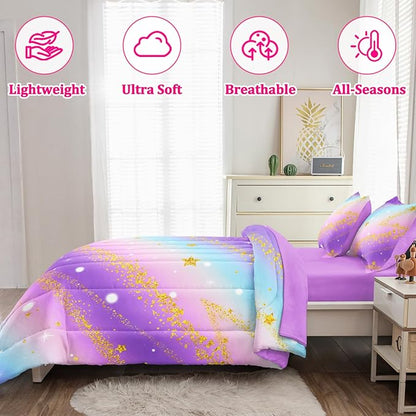 3 Pcs Full Bedding Sets for Girls, Purple Glitter Rainbow Full Size Bed Set, Stars Galaxy Bedding Comforter Set for Girls