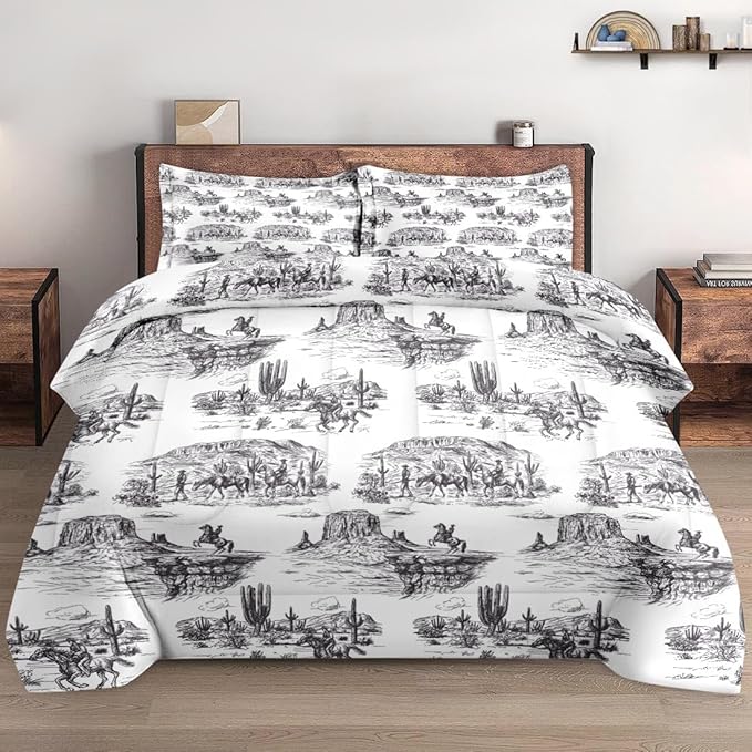 Queen Size Comforter Set with 2 Pillowcase, American Desert Cowboy Soft 3 Pcs Bedding for Kids and Adults, Vintage Horse Mountain Western Comforter Set for Room Bedroom Bed Decor