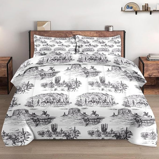Queen Size Comforter Set with 2 Pillowcase, American Desert Cowboy Soft 3 Pcs Bedding for Kids and Adults, Vintage Horse Mountain Western Comforter Set for Room Bedroom Bed Decor