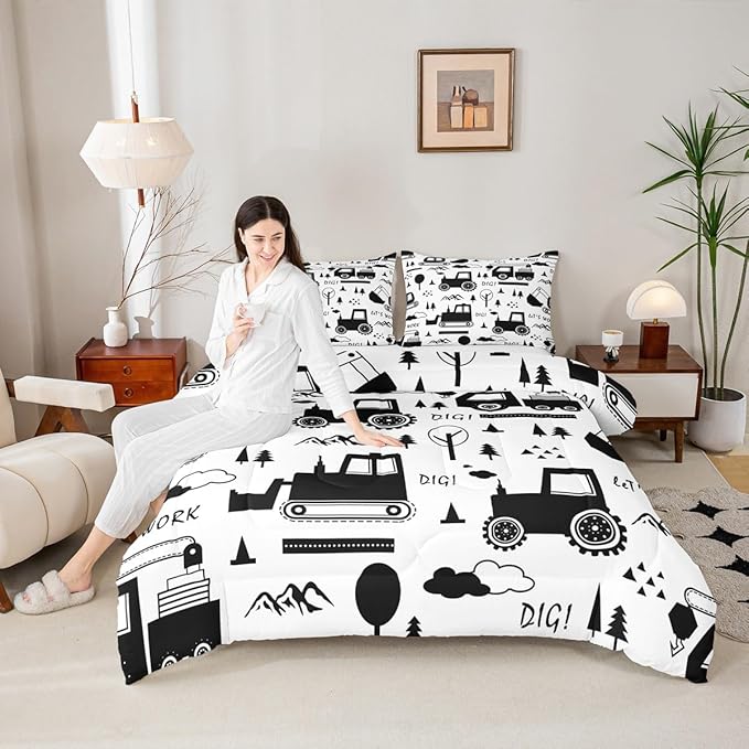 Feelyou Construction Bedding Set King Size Equipment Trucks Comforter Set for Kids Boys Girls Decor Cartoon Car Excavator Tractor Comforter Black White Duvet Set Bedroom Quilt Set