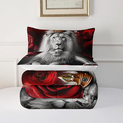 Wild Lion Comforter Set Twin Size, 3Pcs Animal Lion and Red Rose Bedding Set for Women and Adults, Cheetah Soft Comforter Set for Bedroom Bed Decor, 1 Comforter+ 2 Pillowcases.
