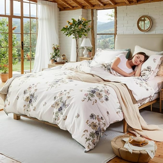 100% Cotton Duvet Cover King Size Vintage Floral Duvet Cover Set with Zipper Closure & Corner Ties 3 Pieces Botanical Bedding Sets Soft and Lightweight Comforter Cover for All Seasons