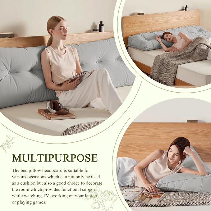 Headboard Pillow King, Large Triangular Wedge Headboard Pillow for Reading and Resting, Backrest Positioning Support Pillow with Removable Cover (Light Grey)