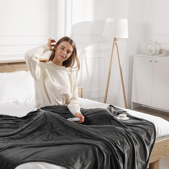 Electric Blanket Queen Heated Blanket Queen Size 84''X90'' - Soft Plush Flannel with Dual Controllers, 5 Heating Level & 10 Hour Auto Off, ETL Certified, Warm Gifts for Grandma(Charcoal Grey)