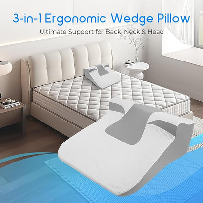 Bed Wedge Pillow for Sleep Apnea, Acid Reflux & Snoring Relief, Post-Surgery Recovery Pillow with Ergonomic 3-in-1 Certified Memory Foam for Back, Neck & Head Support, Ideal for Back & Side Sleepers