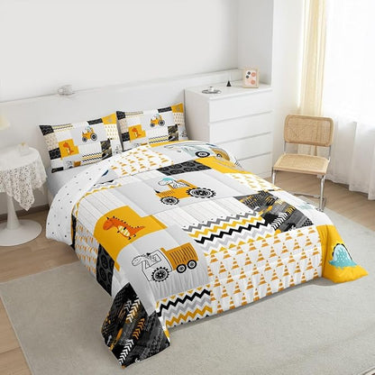 Feelyou Construction Comforter Set King Size Kids Cartoon Car Excavator Tractor Toddler Comforter Equipment Trucks Plaid Grid Yellow Comforter Set Construction Vehicles Duvet Set Quilt Set