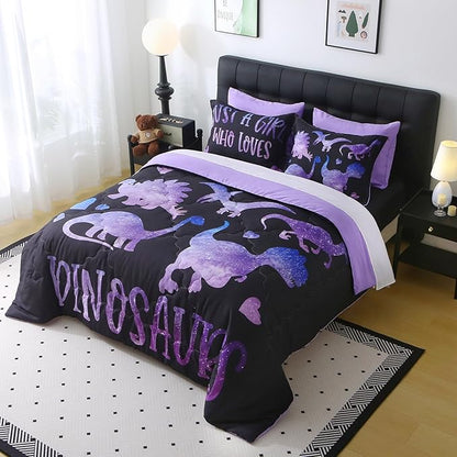 7 Piece Girls Dinosaur Comforter Set Queen Size Violet Dinonsaur Soft Microfiber Bed in A Bag with Comforter,Sheet Set,Pillowcase and Sham for Child Teens All Season