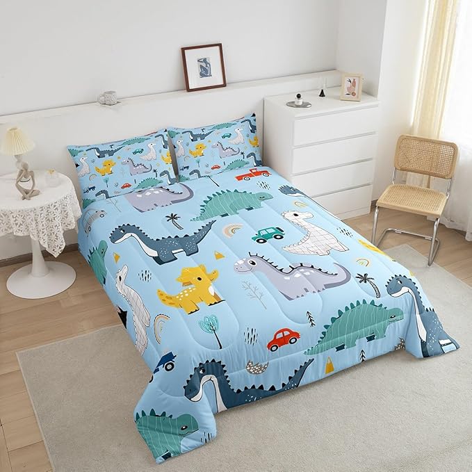 Castle Fairy Cute Car Kids Full Size Comforter Set,Kawaii Dino Colorful Wild Animal Bedding Comforters Bedroom Collection,Cartoon Dinosaur Rainbow Sketch Blue Bedding Set for Girls Teens