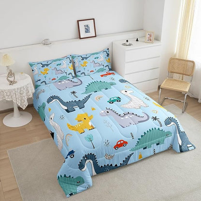Castle Fairy Cute Car Kids Comforter Set King Size,Kawaii Dino Colorful Wild Animal Bedding Set All Season Quilt Set,Cartoon Dinosaur Rainbow Sketch Blue Microfiber Polyester Down Comforter