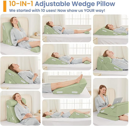 Sasttie Wedge Pillow Set for After Surgery, 2PCS Adjustable Bed Wedge Pillow Headboard with Memory Foam Neck Cushion – for Acid Reflux, Sleeping, Neck & Back Support, Sage