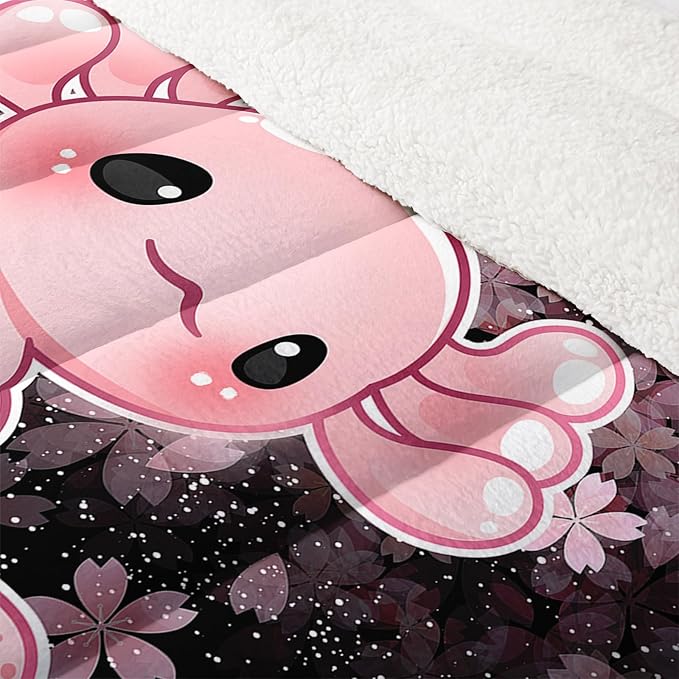QOOMO Cartoon Axolotl Sherpa Fleece Comforter Set Girls Kawaii Bedding Set Full/Queen Size for Kids Teens Cute Cherry Blossoms Bedding Design 3 Piece with 1 Comforter 2 Pillowcases