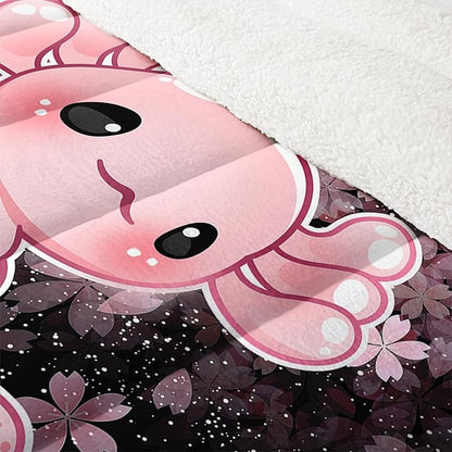 QOOMO Cartoon Axolotl Sherpa Fleece Comforter Set Girls Kawaii Bedding Set Full/Queen Size for Kids Teens Cute Cherry Blossoms Bedding Design 3 Piece with 1 Comforter 2 Pillowcases