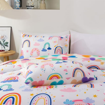 Holawakaka Boho Rainbow Twin Comforter Set with Sheets, 5-Piece Bohemian Love Heart Star Bedding Set for Girls & Women -Super Soft Microfiber Kids Teen-Girls Reversible Bed-in-a-Bag
