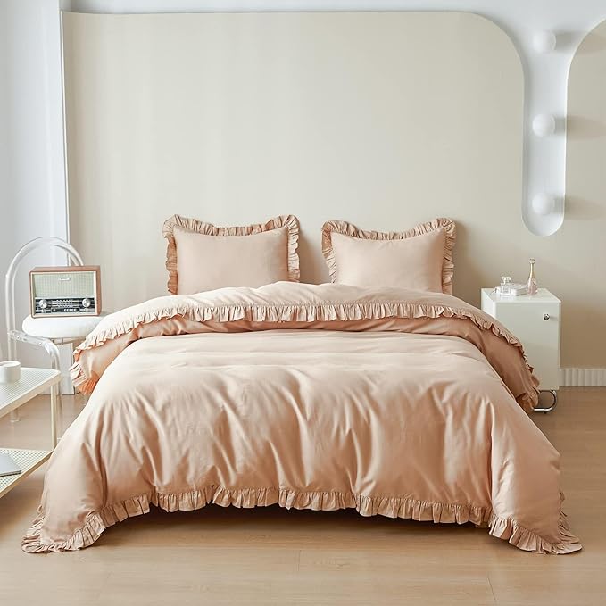 Simple&Opulence Kids 100% Organic Cotton Twin Duvet Cover Ruffle 2Pcs(1 Comforter Cover 1 Pillowcase) Cute Lace Vintage Boho Shabby Chic Farmhouse Bedding Set Teen Girls(Sand, Twin)