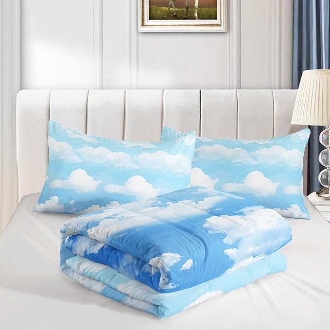 Axolotl Blue Cloud Comforter Set King,Cloud Sky Comforter for Kids,Light Blue Bedding Set,Blue Sky and White Clouds Bedding,Cute Clouds Sky Quilt for Girls Boys Teens,1 Duvet 2 Pillowcases