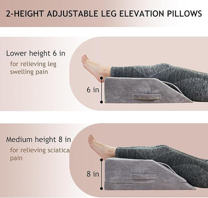 Wedge Pillow for Sleeping, Bed Wedge Pillow for After Surgery 2-Height Memory Foam Leg Elevation Pillow for Swelling Back Pain Relief Sciatica Knee Ankle Pain Bed Support Legs 6"-8”