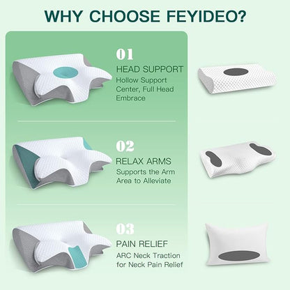 Memory Foam Cervical Pillow, 2-in-1 Ergonomic Neck Support Pillow with Armrest & Ear Hole, Contour Orthopedic Bed Pillow for Pain Relief, Adjustable Height for Side, Back & Stomach Sleepers