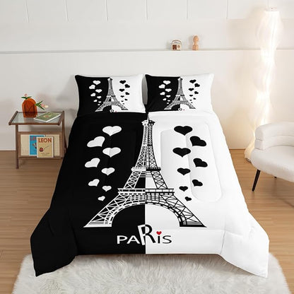 HOSIMA Black and White Stitching Love Heart Paris Bedroom Comforter Set,Eiffel Tower Modern French Style Bedroom Decor,Romantic Sweet Couple Full Size Comforter Sets with 2 Pillow Cases.
