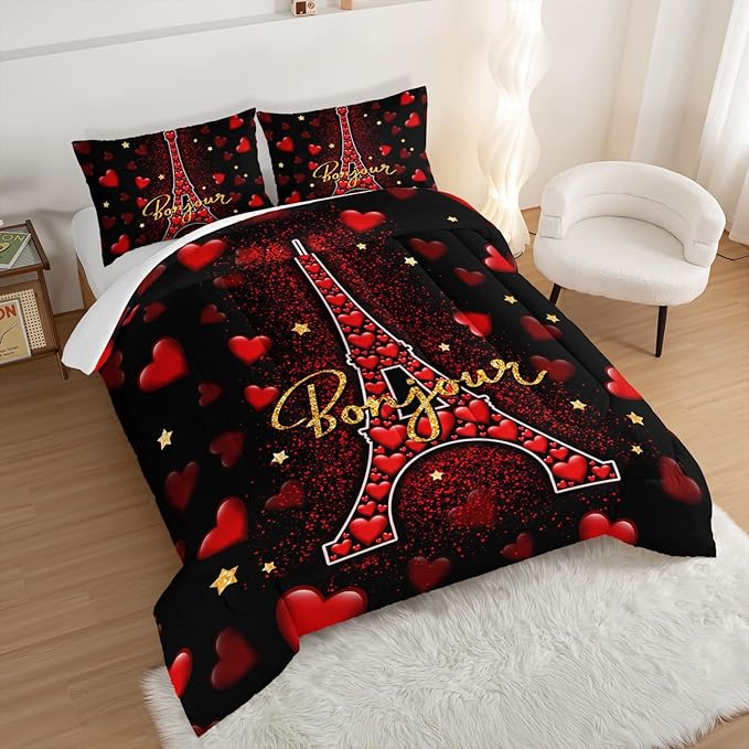 Eiffel Tower Queen Size Comforter Sets,Red Loving Heart Romantic Couple Bedding Set,Paris Bedding Comforter Sets for Women Room Eiffel Tower Decor with 2 Pillowcases.